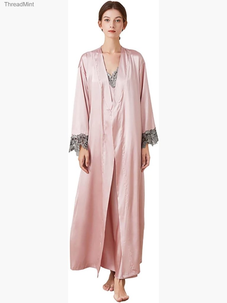 2 Piece Satin Nightgown And Robe Set Sexy Lace Chemise Sleepwear